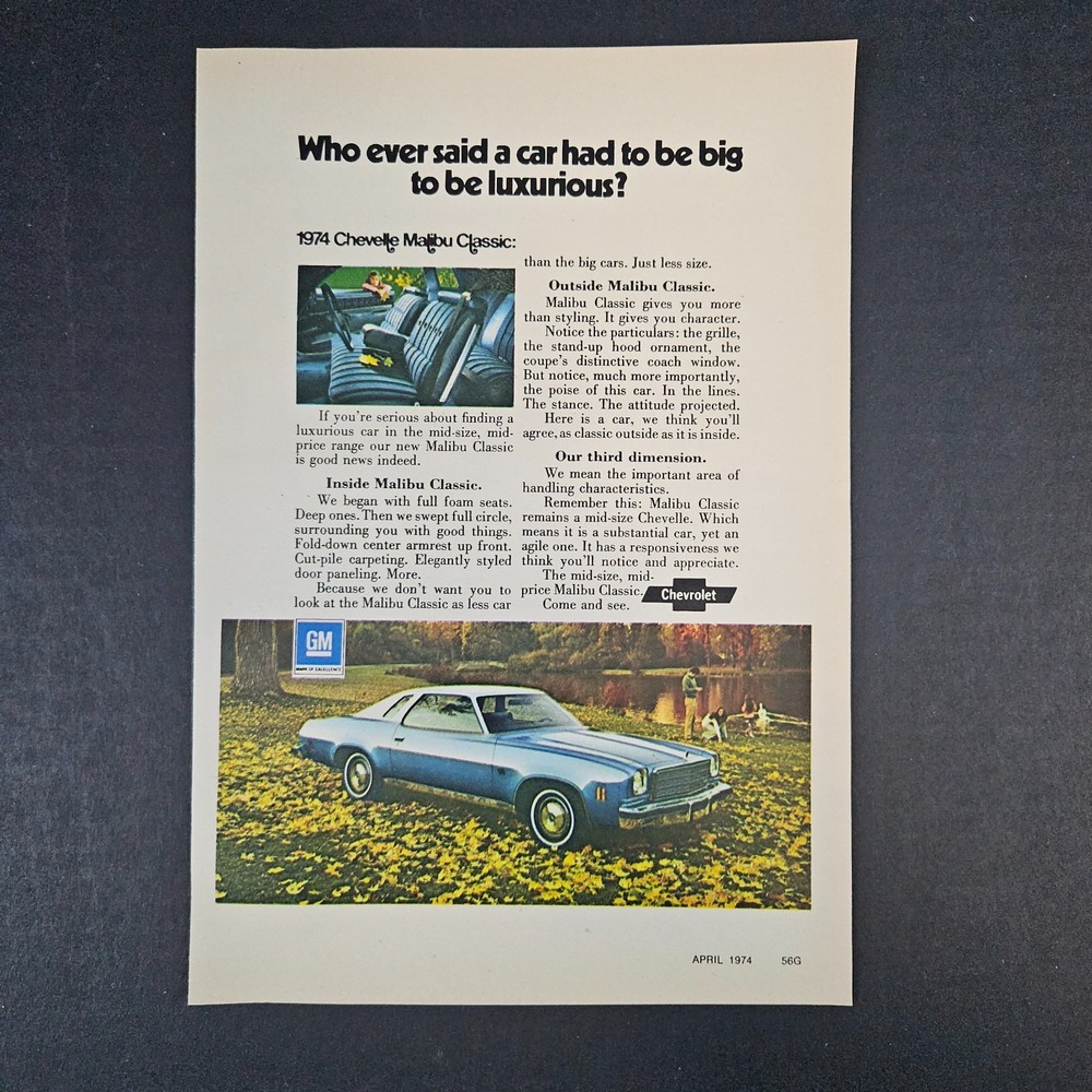 1974 Chevrolet Chevy Chevelle Malibu Classic Vintage Print Ad GM General Motors